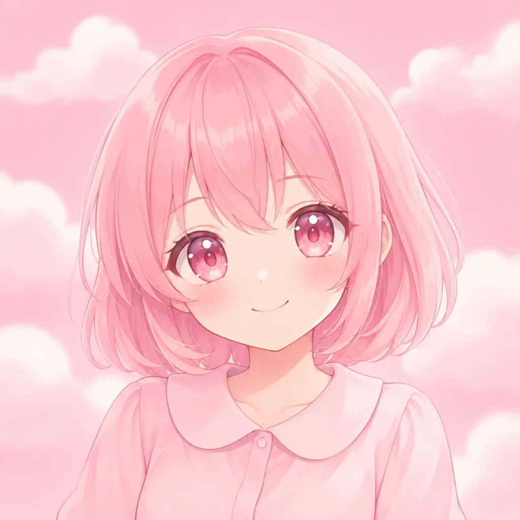 Pastel pink kawaii pfp with anime girl and cloud backdrop for aesthetic Instagram profiles