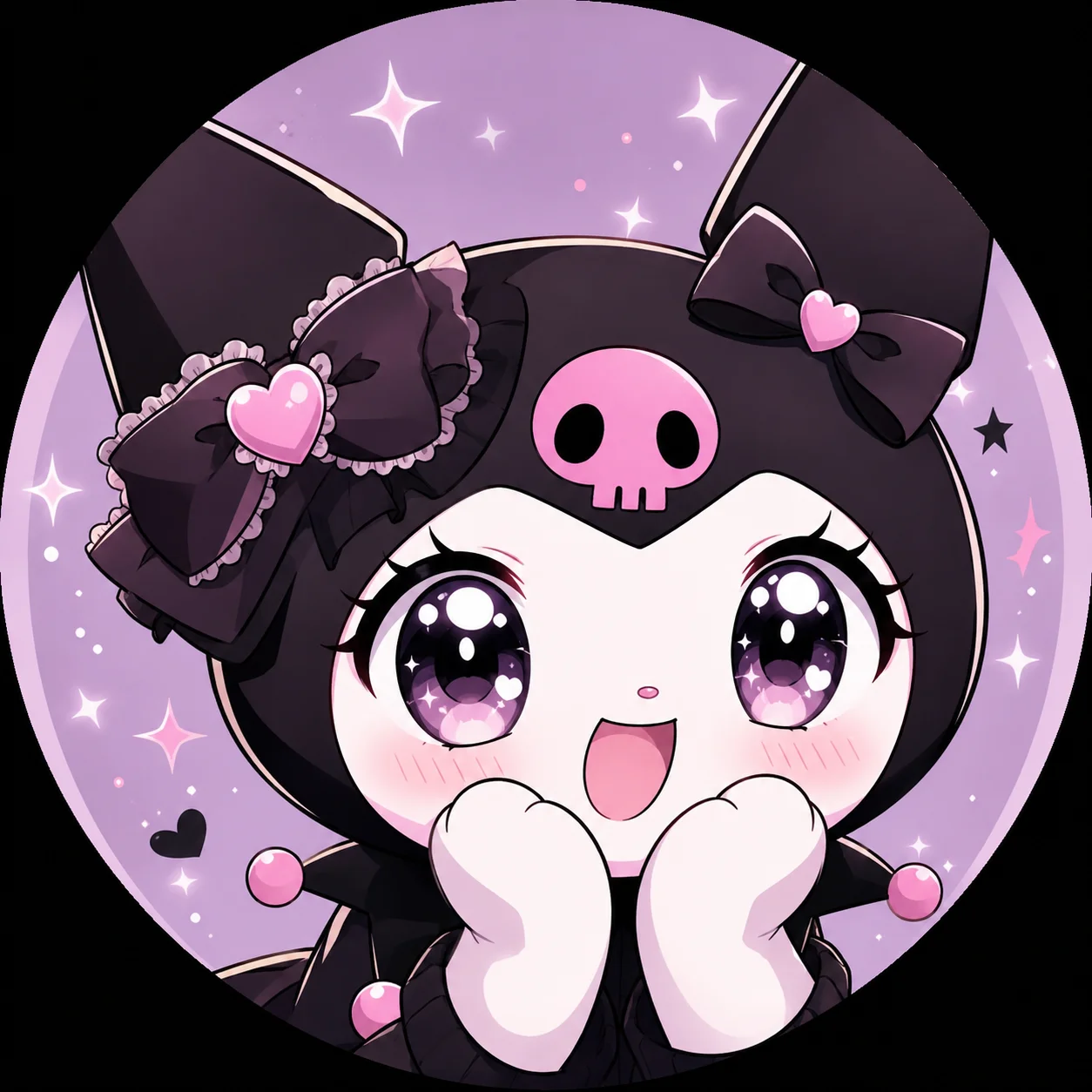 Anime kuromi pfp with oversized sparkling eyes and soft cel shading, expressive avatar for TikTok and Instagram profiles