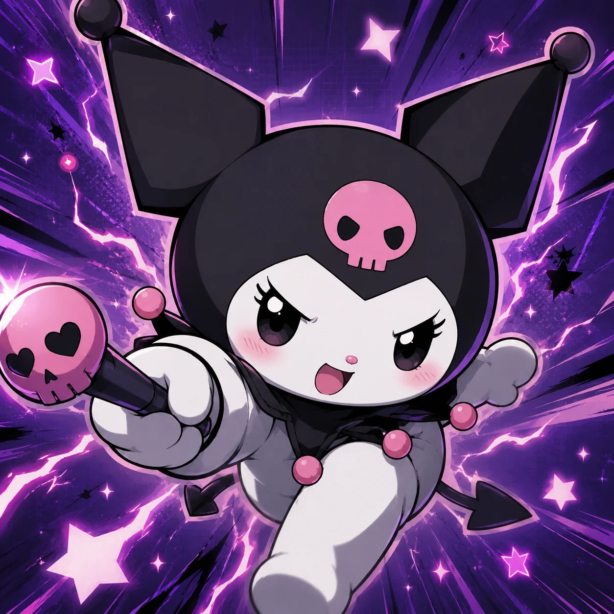 Anime-style kuromi pfp with cel-shaded coloring and a dynamic action pose, bold avatar for anime fan Discord servers