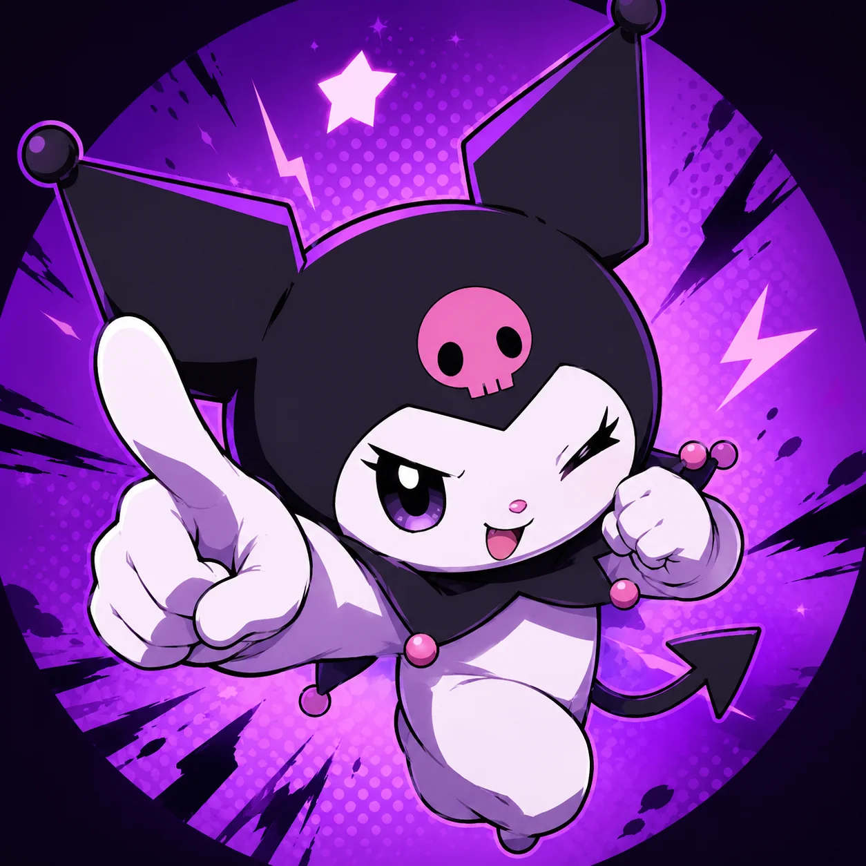 Bold anime kuromi pfp in a dynamic pose with purple gradient background, stylized avatar for gaming and Discord icons