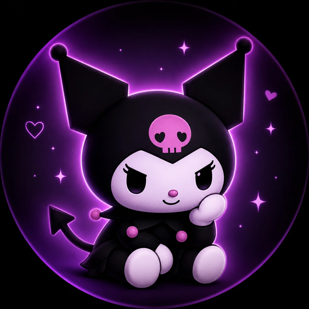 Black and purple kuromi pfp with a glowing gradient background, signature color palette avatar for aesthetic Discord icons