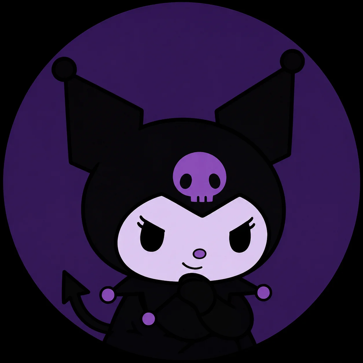Kuromi pfp in black and purple with her signature jester hat, bold color palette avatar for TikTok and Instagram