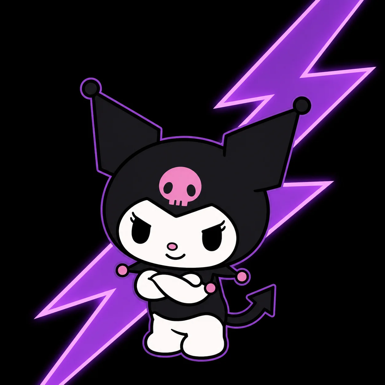 Kuromi pfp with a purple lightning bolt accent on black background, striking signature color avatar for gaming profiles