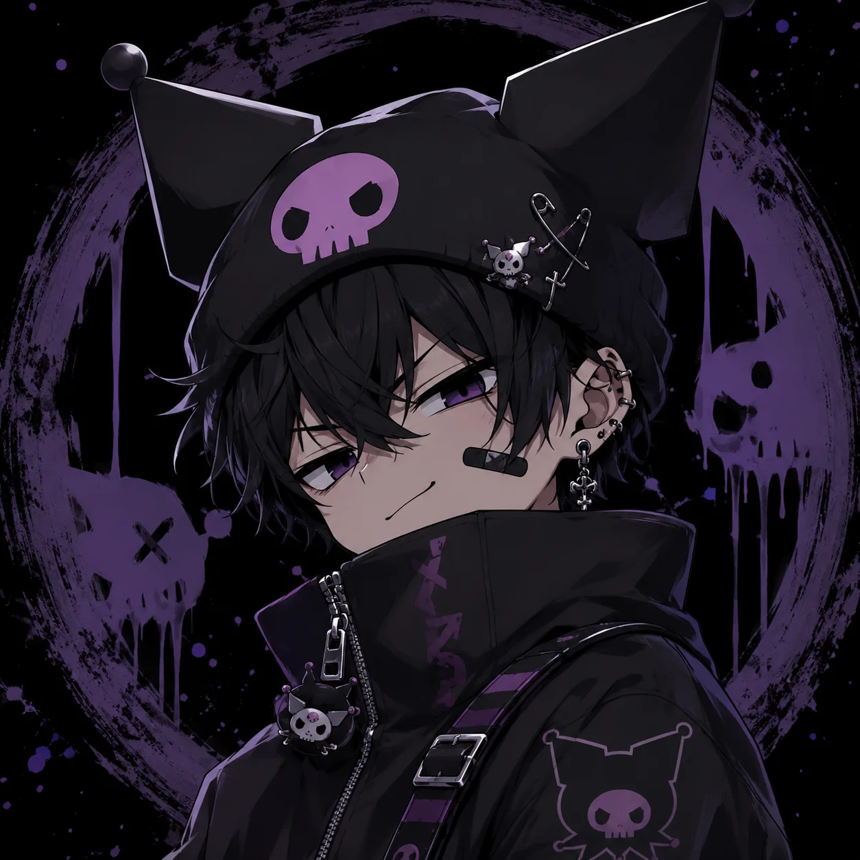 Edgy kuromi boy pfp in a dark jacket with a smirking expression, bold profile picture for TikTok and Discord