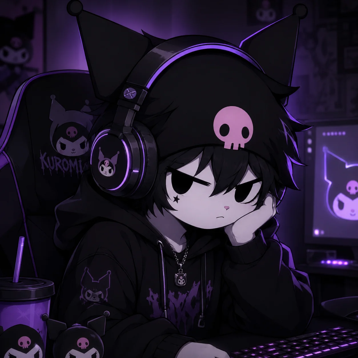Kuromi boy pfp wearing headphones in a gamer-style setup, cool masculine avatar for Discord and gaming server icons