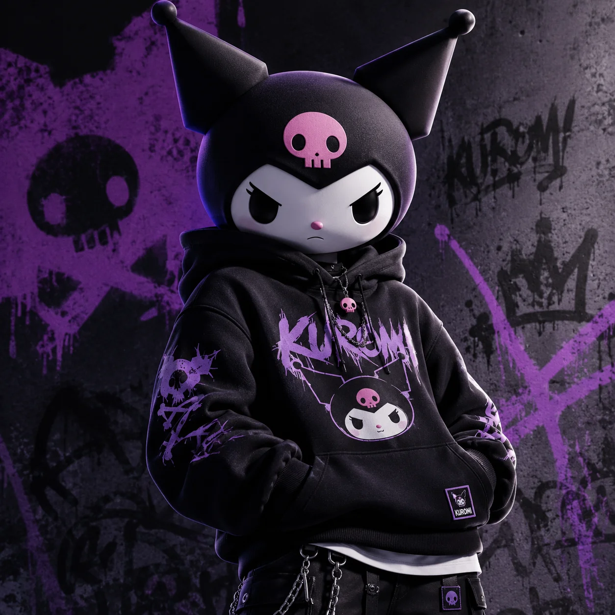 Kuromi boy pfp wearing streetwear hoodie with bold pose, edgy masculine avatar for Discord and gaming profiles
