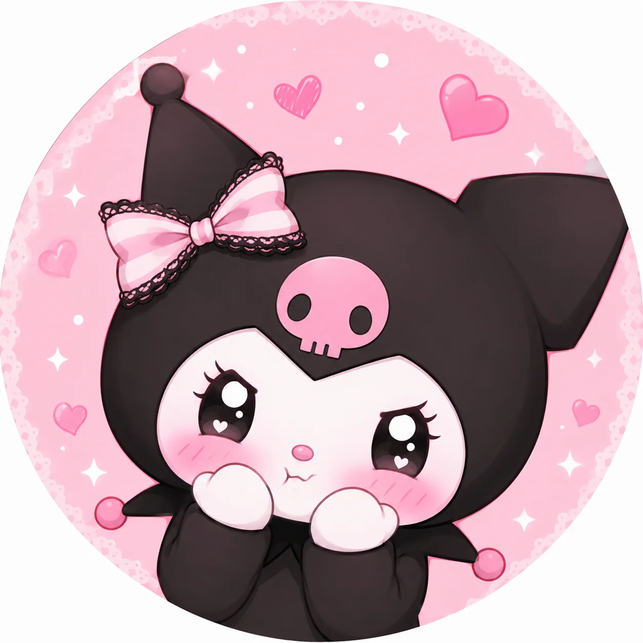 Cute kawaii kuromi pfp with blushy pink cheeks and a soft pastel background, a sweet avatar for TikTok and Instagram