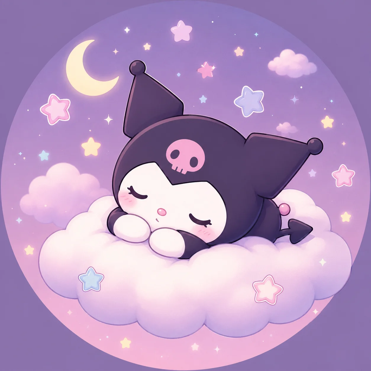 Sleepy kawaii kuromi pfp resting on a cloud with pastel stars, a cute soft avatar for aesthetic Instagram feeds
