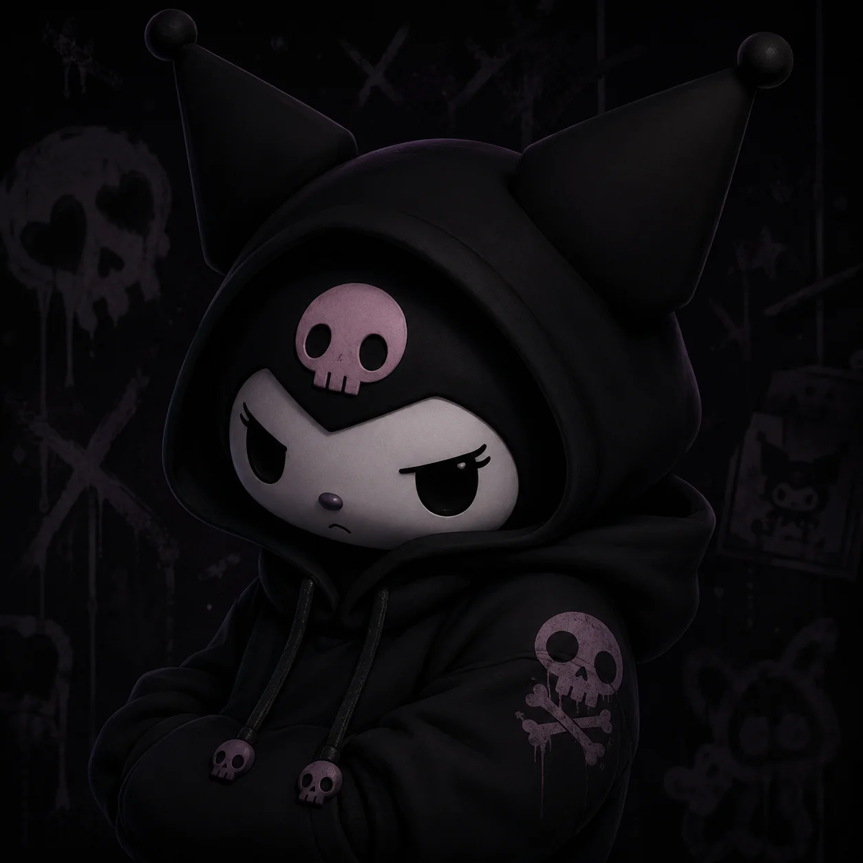 Moody kuromi pfp featuring a black hoodie and skull accents, a gothic profile picture style for TikTok and gaming avatars
