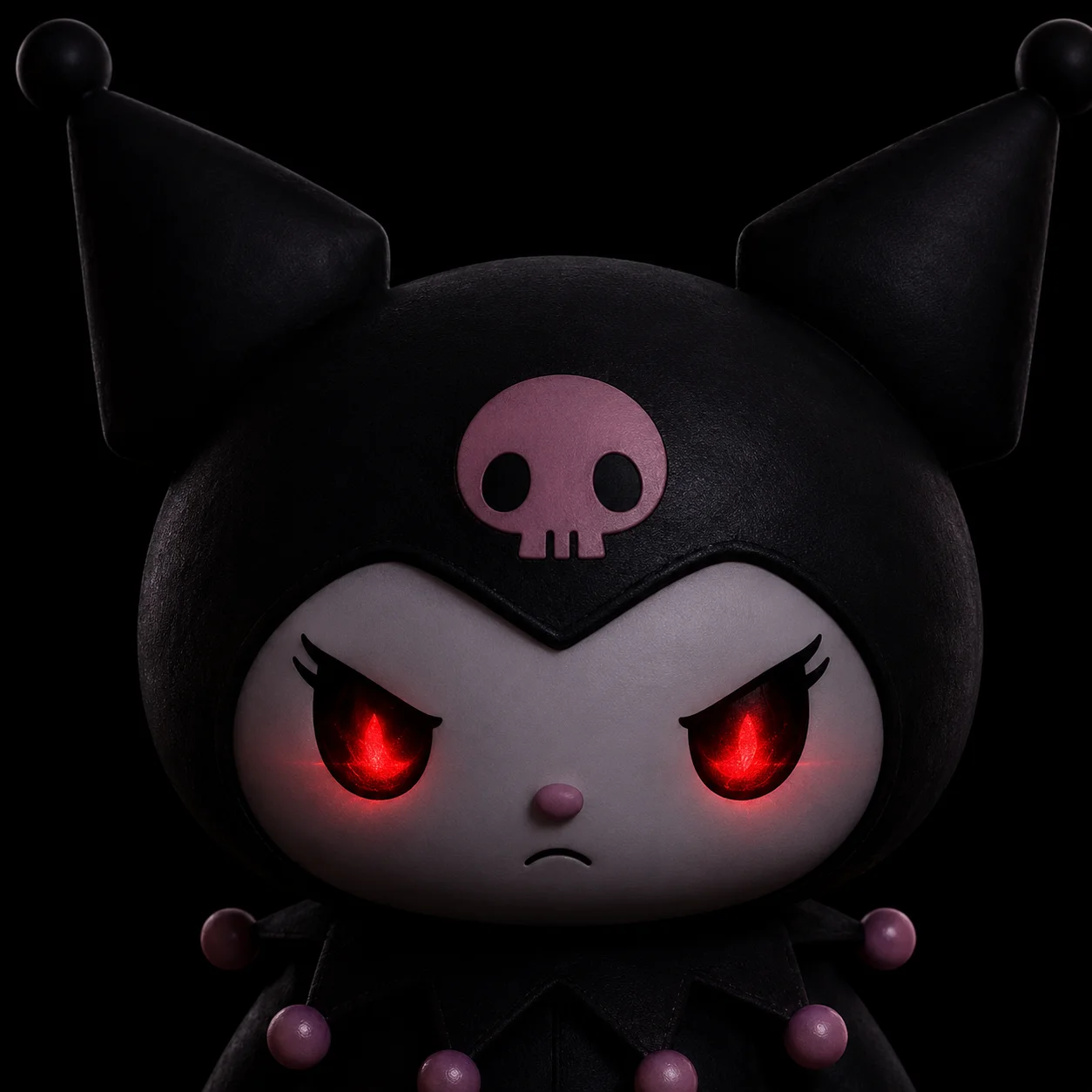 Kuromi pfp with glowing crimson eyes on a black background, a bold dark aesthetic avatar for edgy Discord profiles