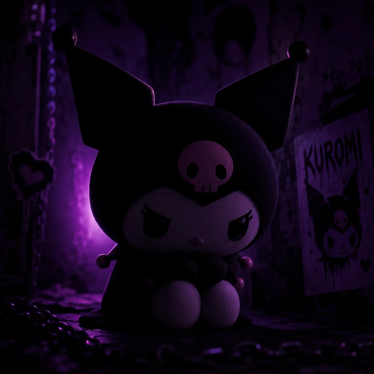 Dark aesthetic kuromi pfp with deep purple lighting and a shadowy background, ideal for a moody Discord or Instagram avatar