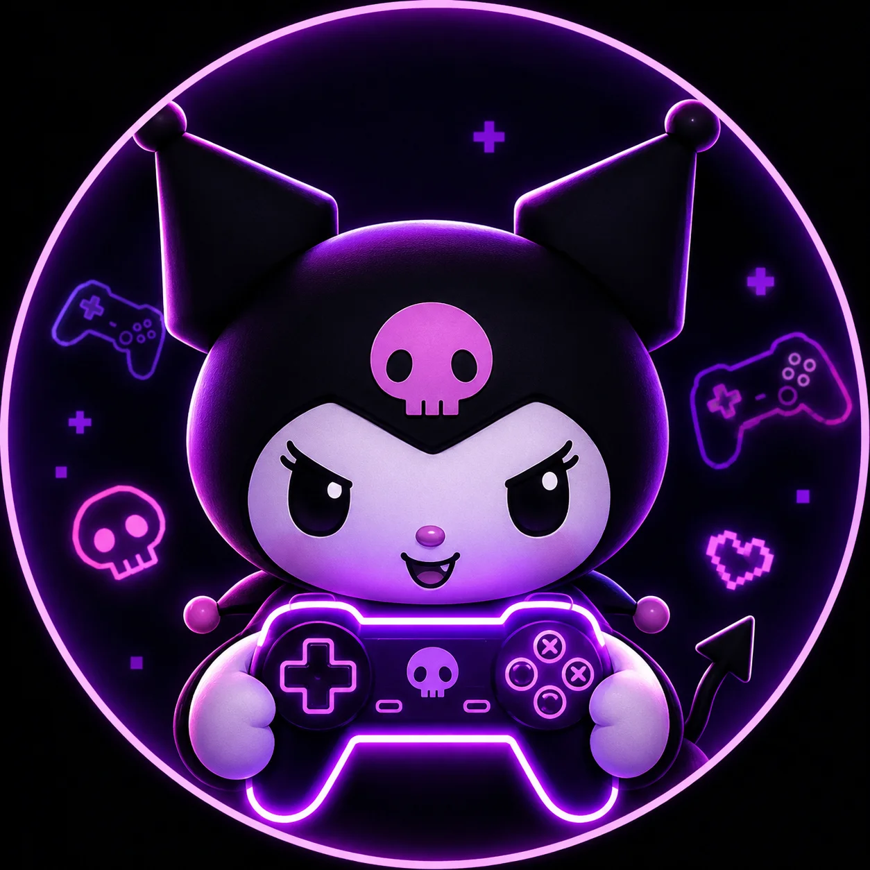 Kuromi pfp holding a neon game controller, bold gaming-themed avatar for Discord servers and streaming profile pictures