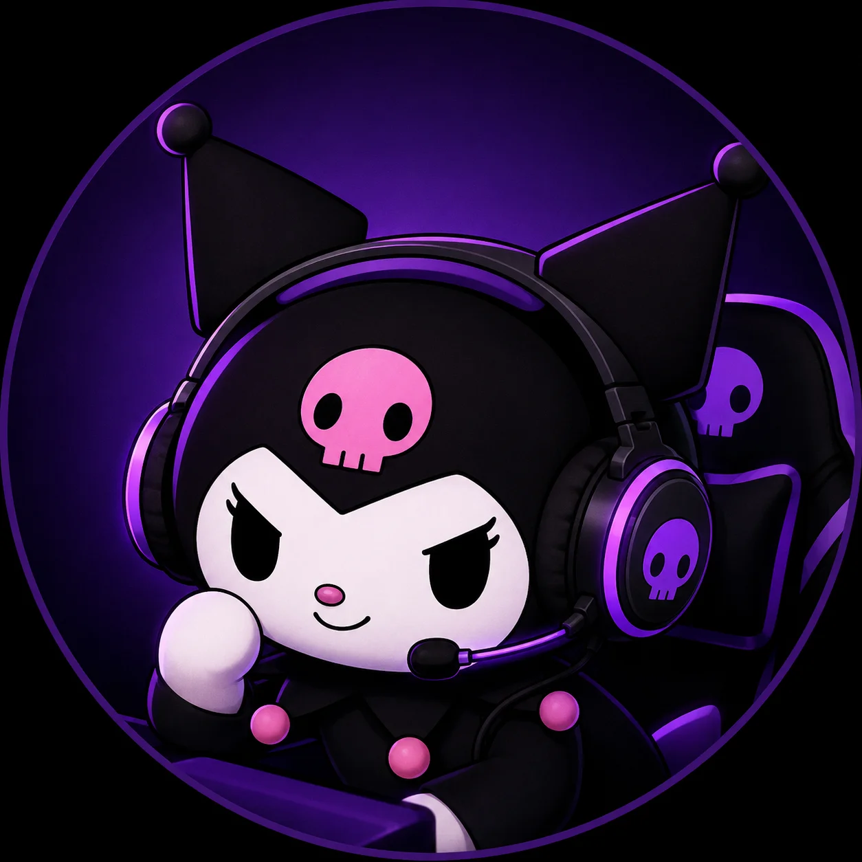 Kuromi pfp wearing a gaming headset with mic, cool avatar for Discord voice channels and streaming profile icons