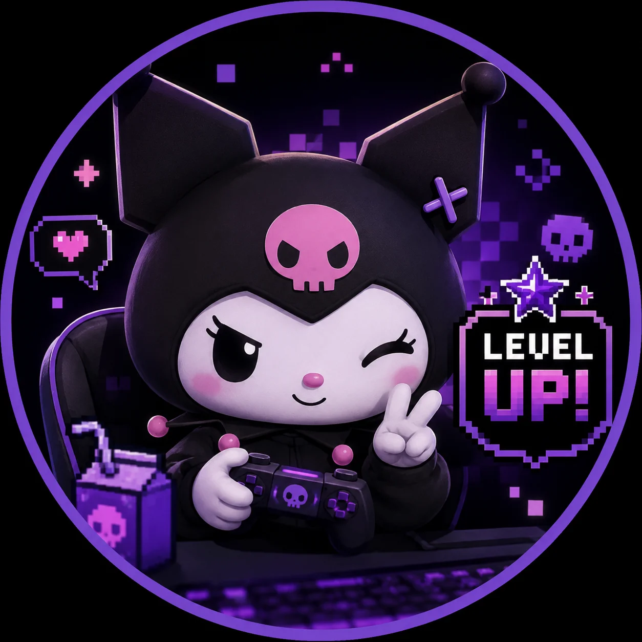 Kuromi pfp with a level-up badge and pixel accents, playful gamer avatar for Discord servers and gaming community icons