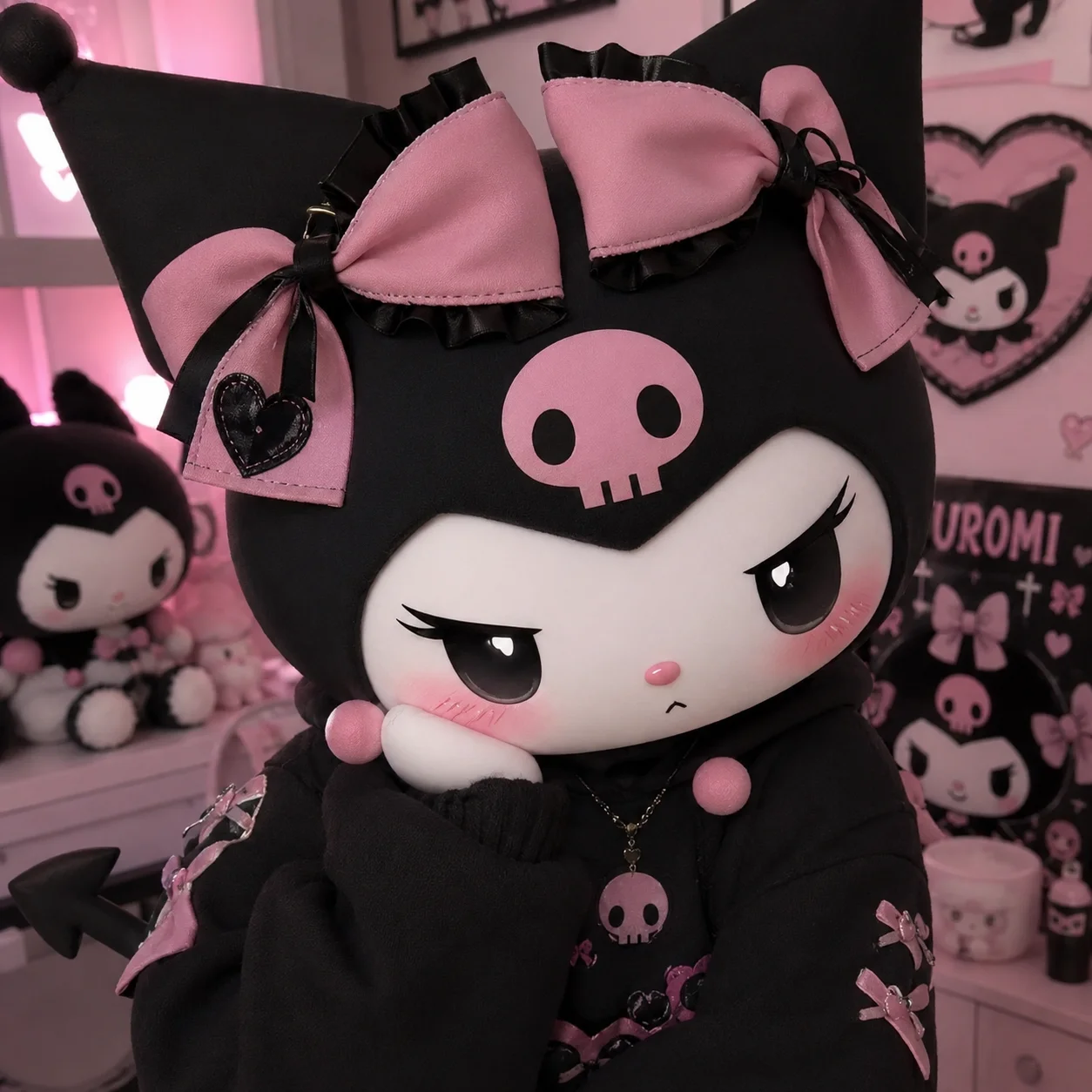 Kuromi girl pfp with a large bow and soft blush makeup, feminine profile picture for Instagram and TikTok users