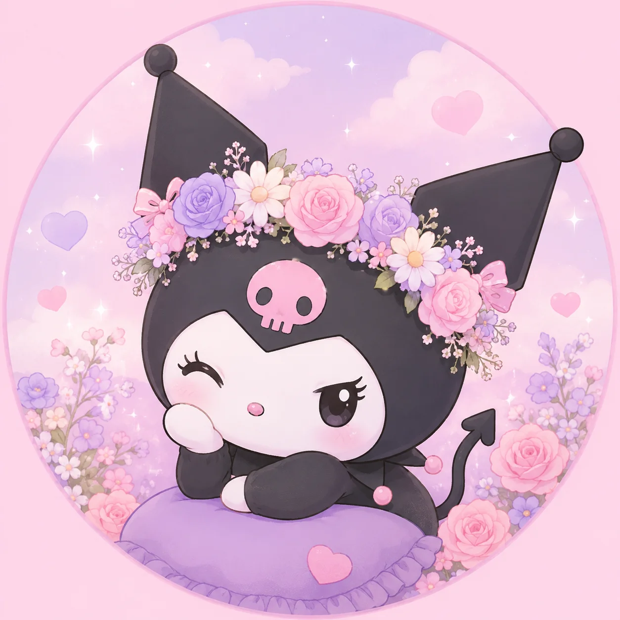 Kuromi girl pfp wearing a flower crown with pastel background, sweet feminine profile picture for aesthetic Discord icons