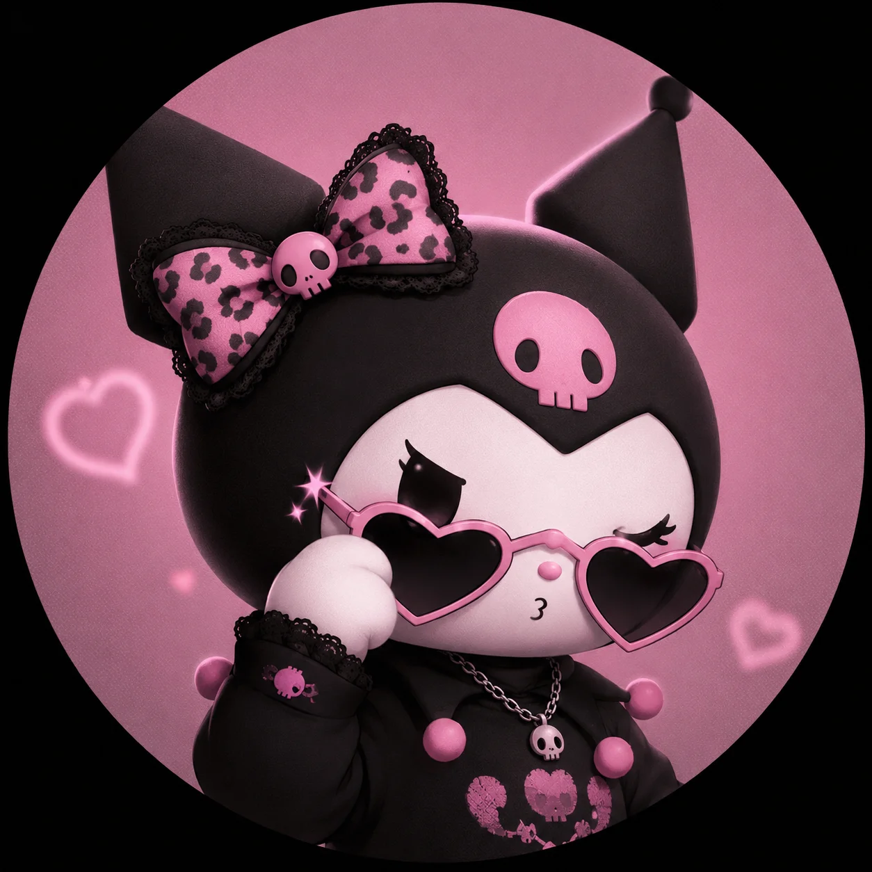 Kuromi girl pfp wearing heart-shaped sunglasses, confident feminine avatar for TikTok bios and Instagram profile pictures