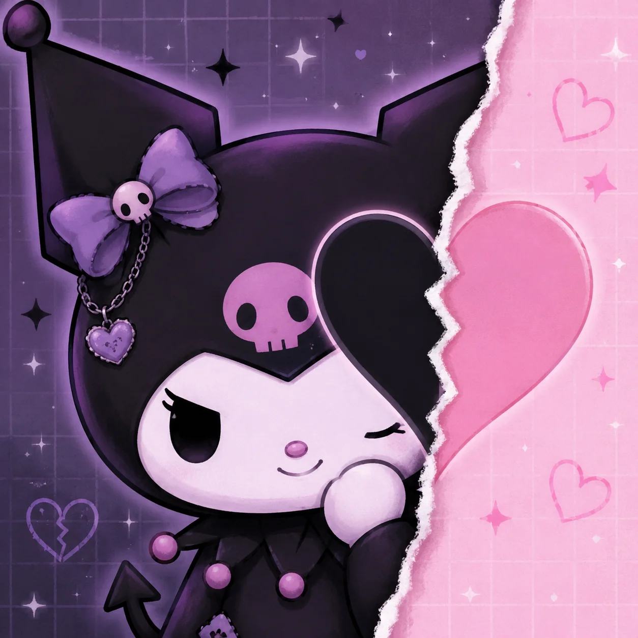 Kuromi half of a split-heart matching pfp with My Melody, aesthetic best-friend avatar set for TikTok and Discord profiles