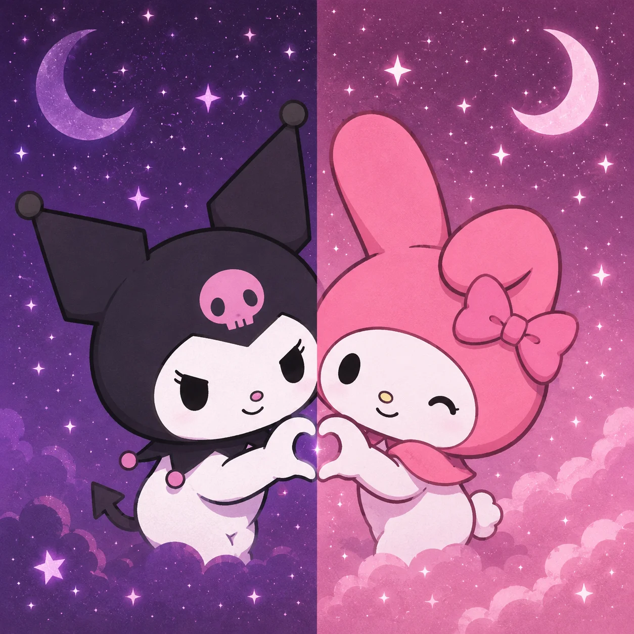 Kuromi matching pfp with My Melody under a shared starry background, cute best-friend icon set for Instagram profiles