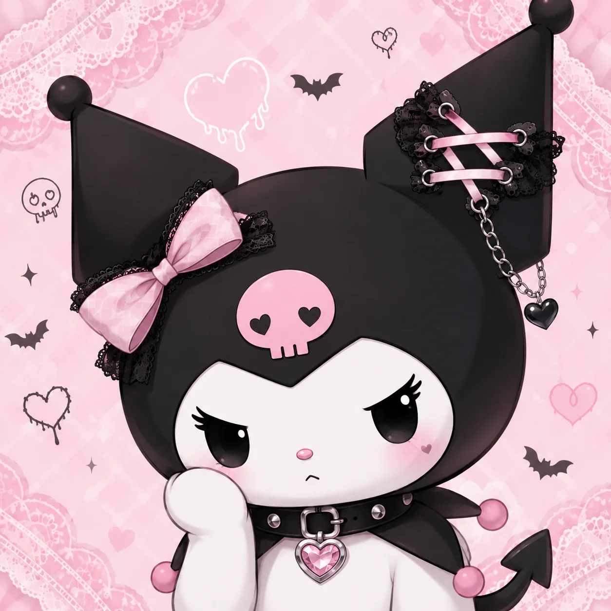 Kuromi pfp in baby pink pastel tones with a black choker detail, a pastel goth aesthetic for TikTok avatars