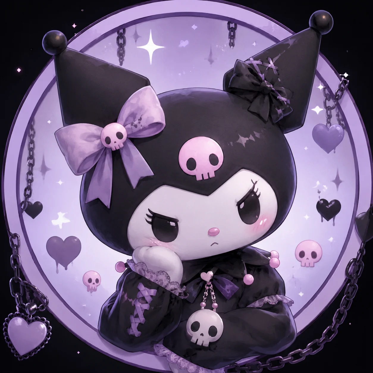 Pastel goth kuromi pfp with lavender tones and a small skull charm, a soft-edgy avatar for Instagram and TikTok