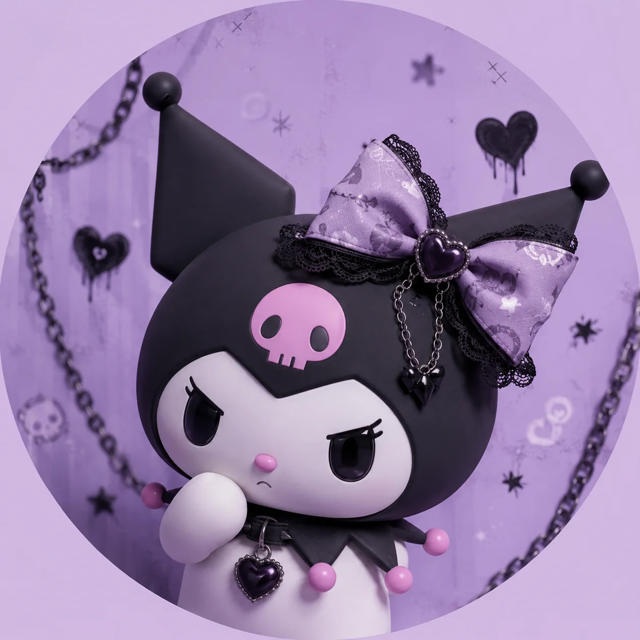 Lilac pastel kuromi pfp with a dark bow accessory, a pastel goth profile picture style for aesthetic Discord icons