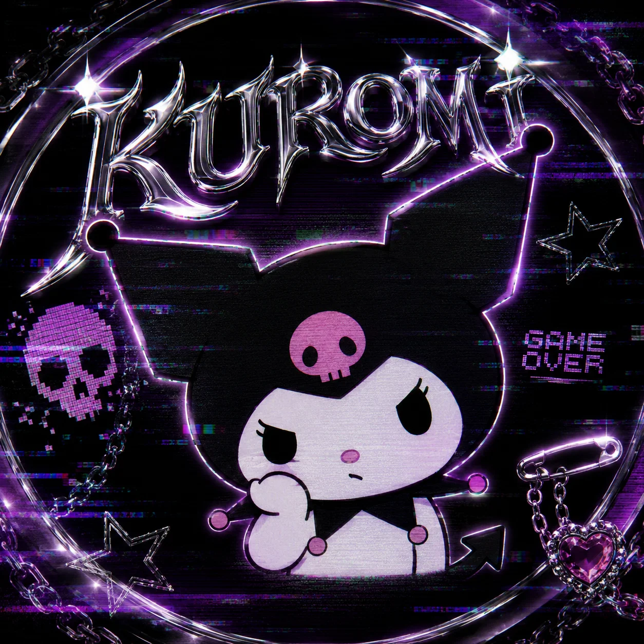 Y2K retro kuromi pfp with chrome text and glitch effects, a nostalgic 2000s-style avatar for TikTok and Discord