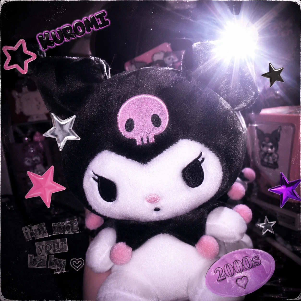 Y2K kuromi pfp decorated with star stickers and a flash-photo effect, retro nostalgic avatar for TikTok bios