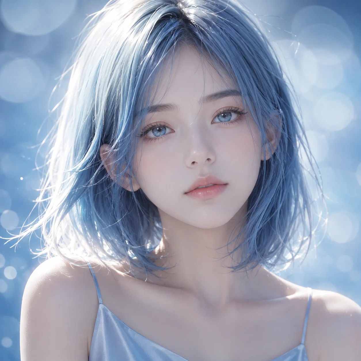 Light blue aesthetic pfp with glossy eyes, sky bokeh, and soft tones for a calm and polished social avatar