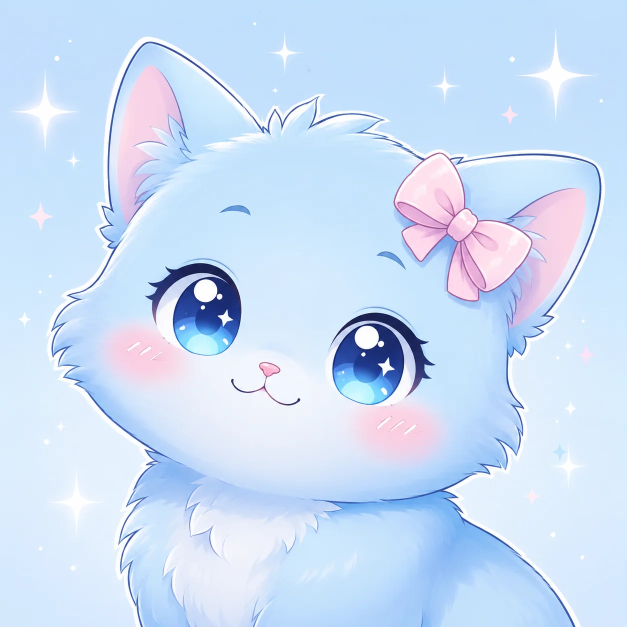 Light blue cat pfp with bow and sparkle details for cute Instagram, TikTok, and aesthetic profile use