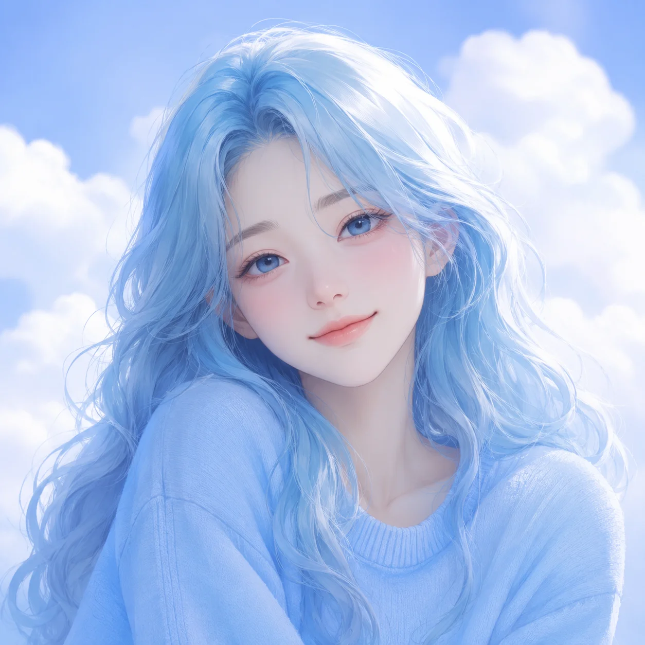 Light blue pfp with pastel hair, soft clouds, and a dreamy expression for cute Discord and Instagram profiles