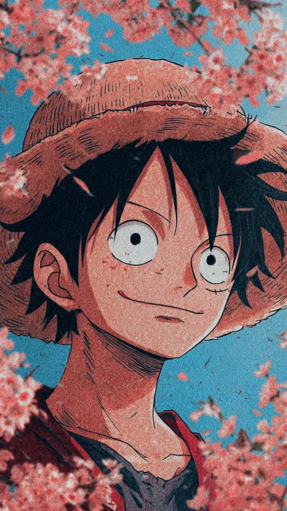 Aesthetic luffy pfp framed by falling cherry blossoms in pink tones ideal for Tumblr bios