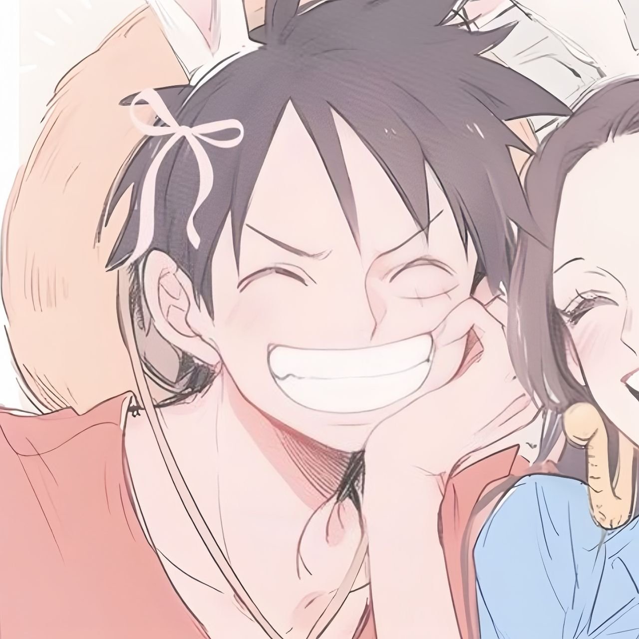 Aesthetic luffy pfp surrounded by soft pink sakura petal storm ideal for dreamy discord profiles
