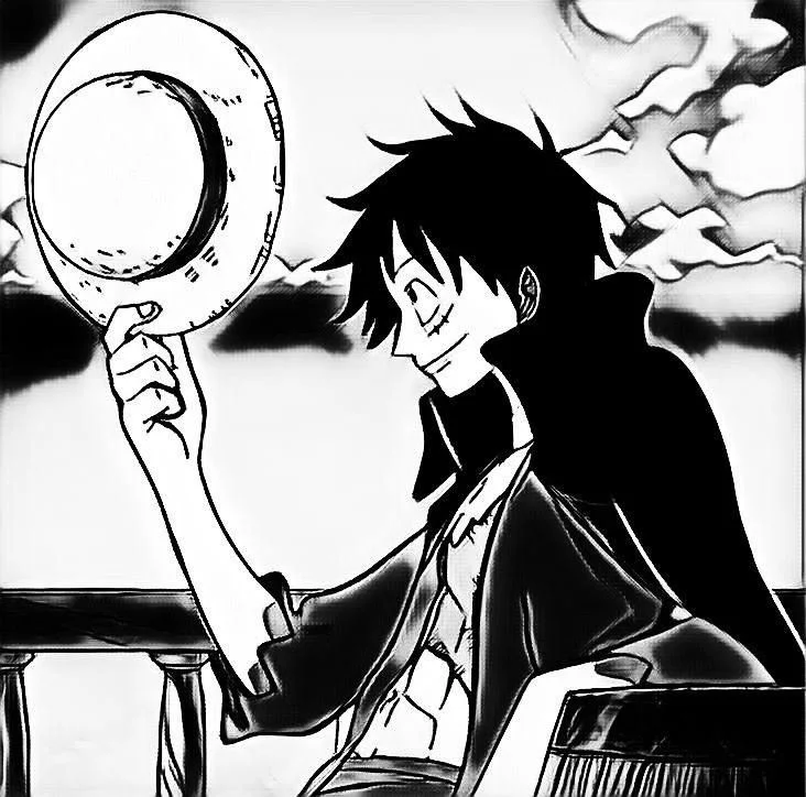 Black and white luffy pfp mid grin with hat tilt manga style suited for minimalist profiles