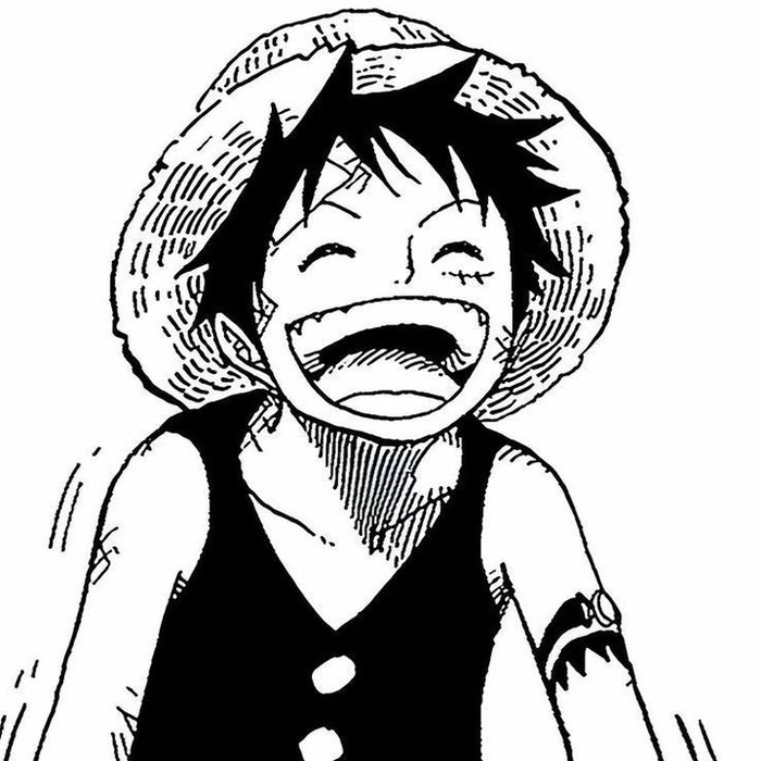 Black and white luffy pfp portrait laughing in clean shading suited for tiktok minimal bios