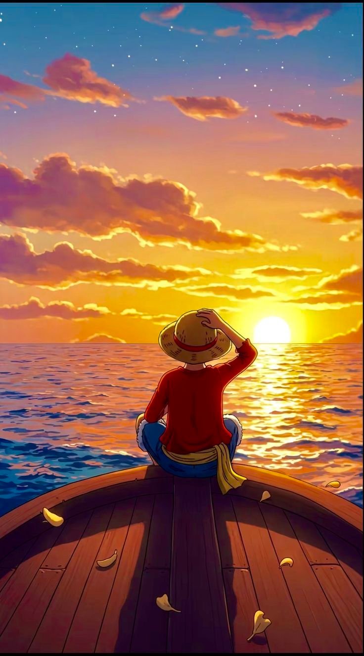 Cool luffy pfp silhouette against burning sunset with straw hat outline for dramatic profiles