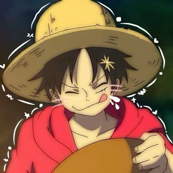 Cute luffy pfp biting into a giant meat snack in anime style suited for casual Instagram use