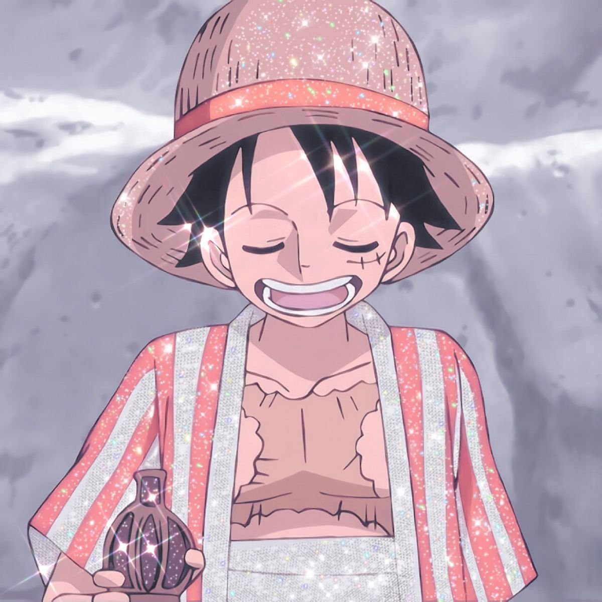 Cute chibi luffy pfp with big smile and straw hat on pastel pink background perfect for Discord