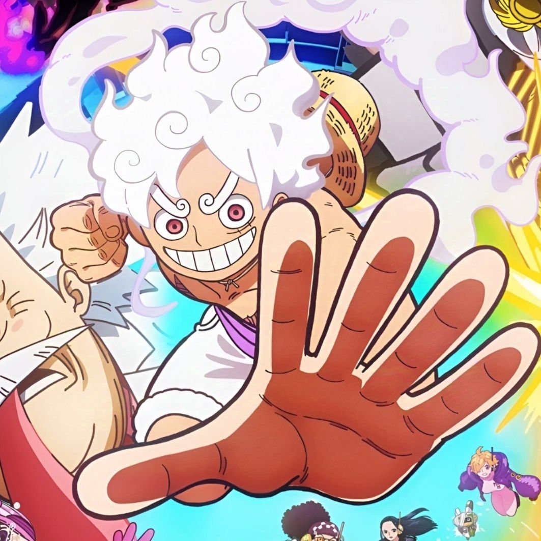 Gear 5 luffy pfp doing ground pound impact with warm cream tones for bold profiles