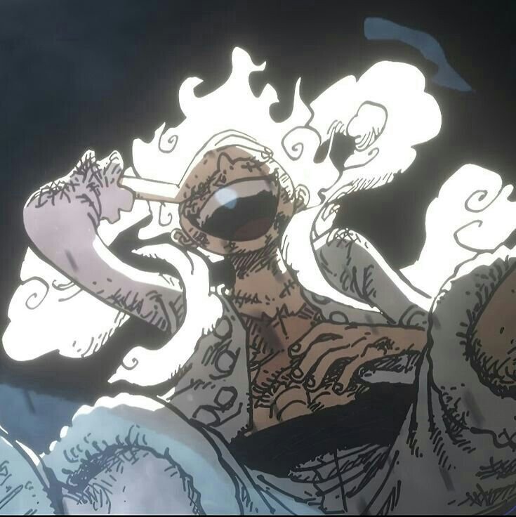 Gear 5 luffy pfp laughing under small cartoon cloud perfect for cheerful discord and tiktok