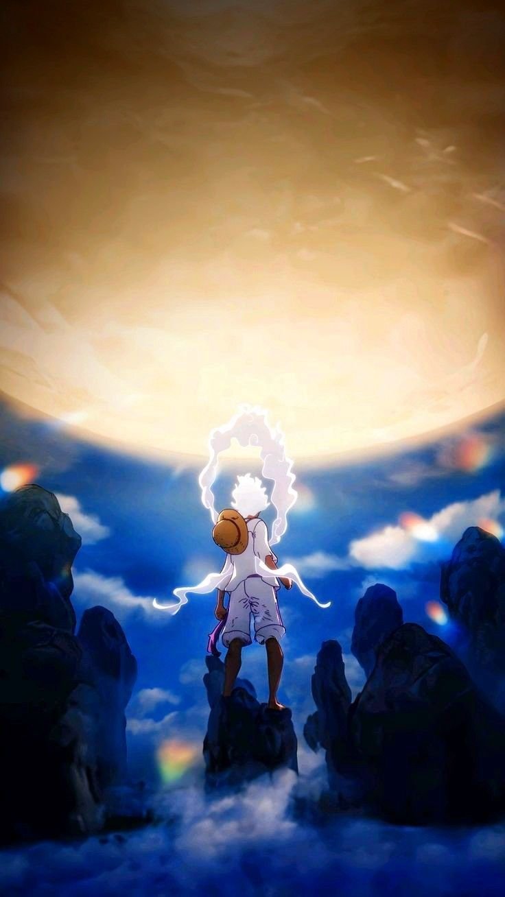 Gear 5 luffy pfp with sun god halo and elevation pose perfect for instagram transformation fans