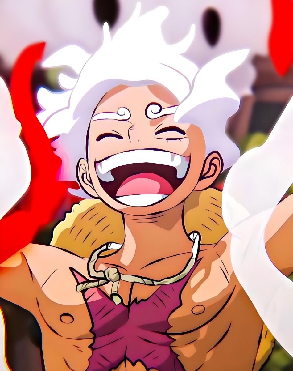 Gear 5 luffy pfp with white hair and laugh cartoon energy suited for discord banana mode