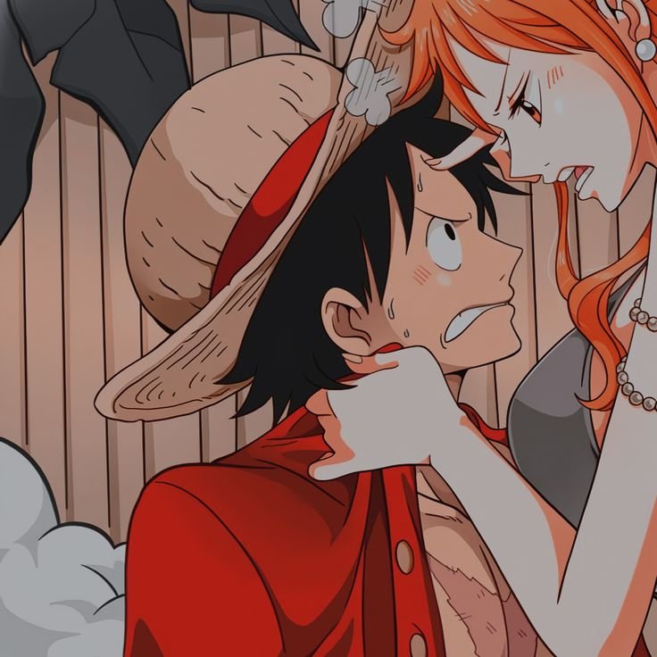 Matching luffy and nami pfp split frame orange tones great for couple discord servers