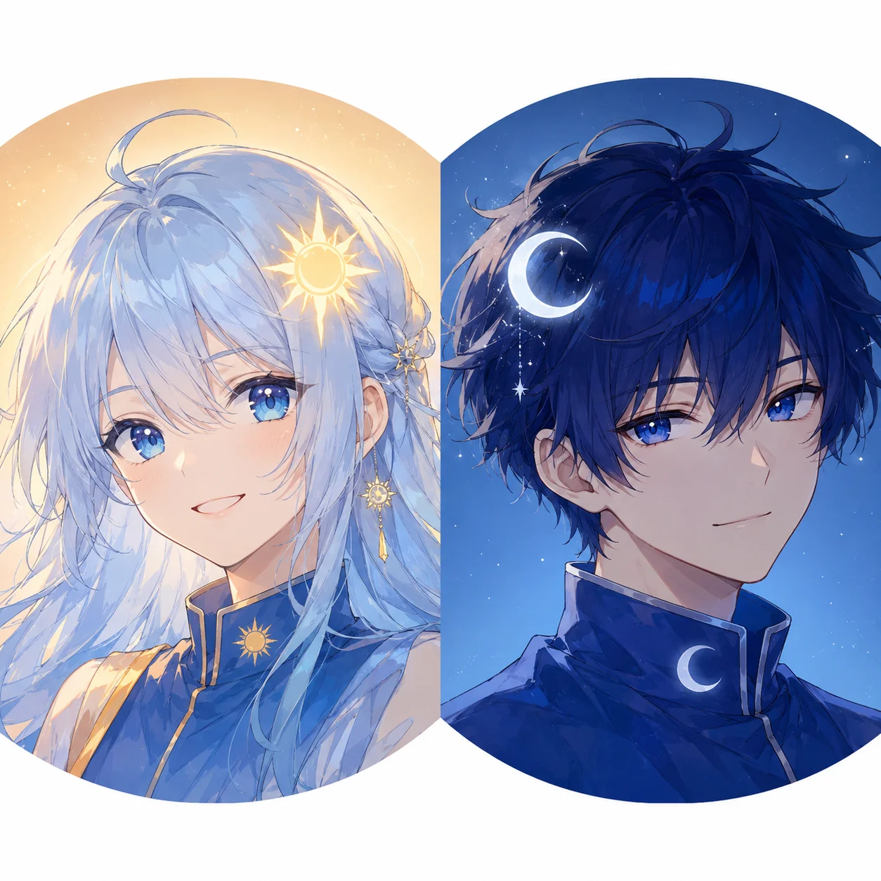 Matching blue pfp set with sun and moon anime duo styling for couples, best friends, and Discord profiles