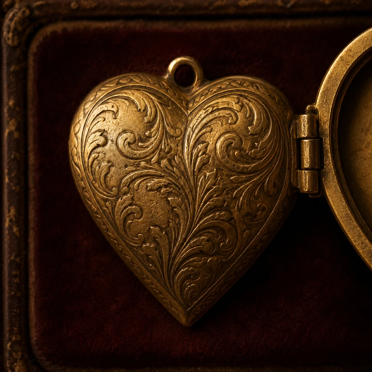 Vintage heart locket matching pfp with open locket halves in antique gold for romantic couple avatars (99 characters)