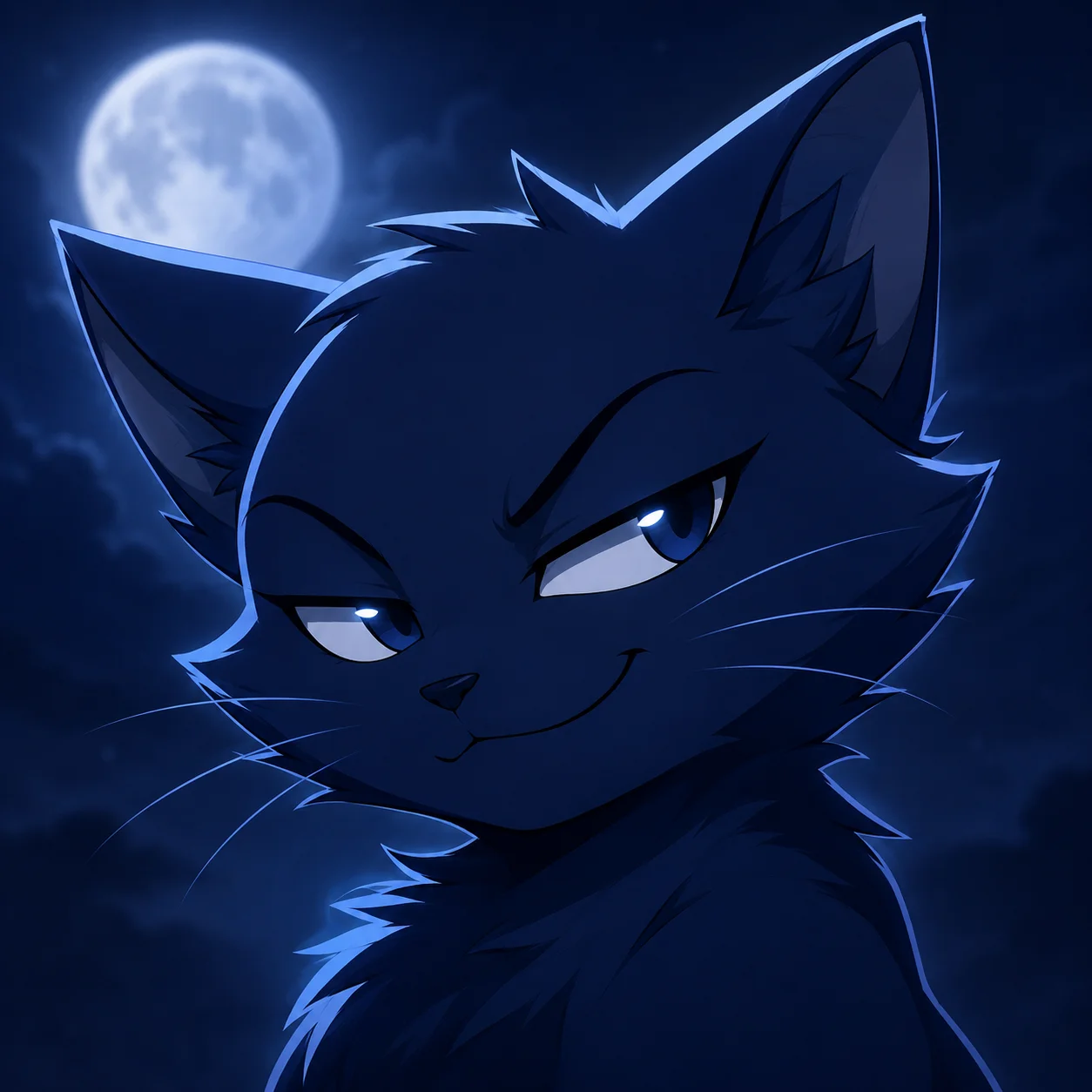 Navy blue cat pfp with mischievous smirk and moonlight tones for playful social media profile pictures