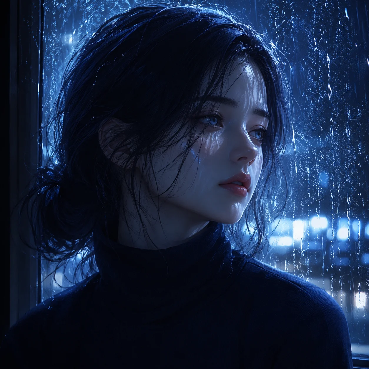 Navy blue pfp with rainy lighting and cinematic girl portrait for aesthetic Instagram and TikTok accounts