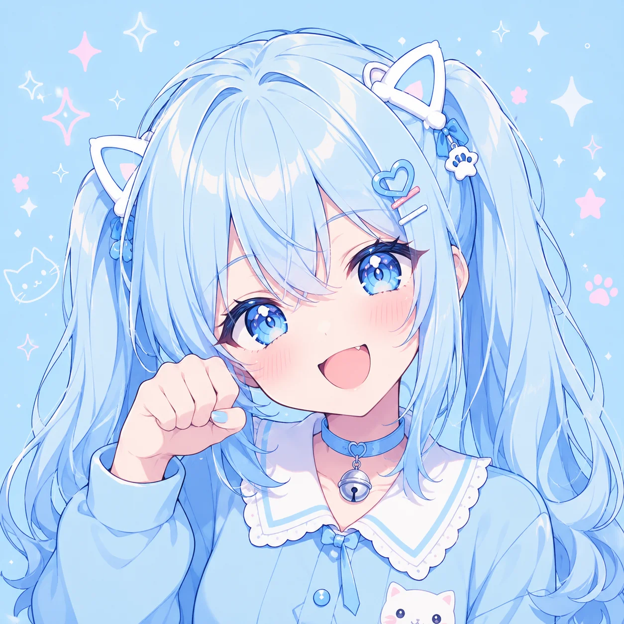 Pastel blue pfp with kitten-inspired styling and sparkly background for playful TikTok and gaming profiles