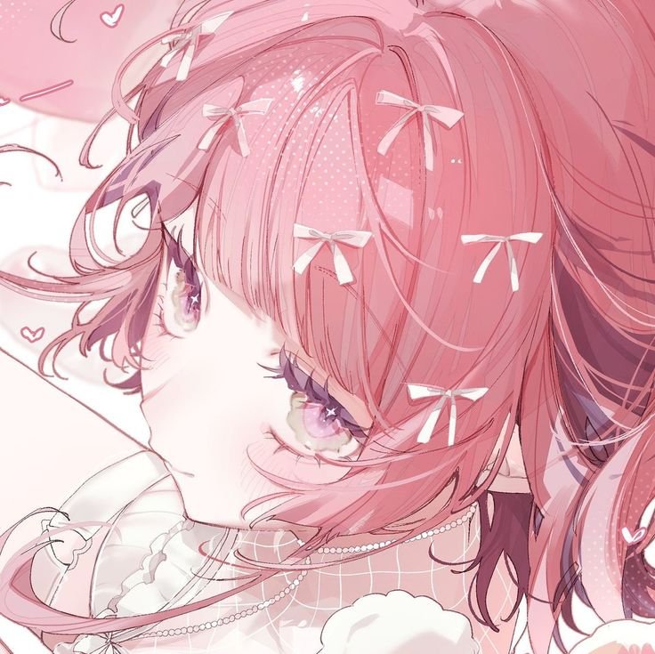 Kawaii anime pink pfp girl wearing bow accessory with bright eyes, cute profile picture for TikTok and Instagram