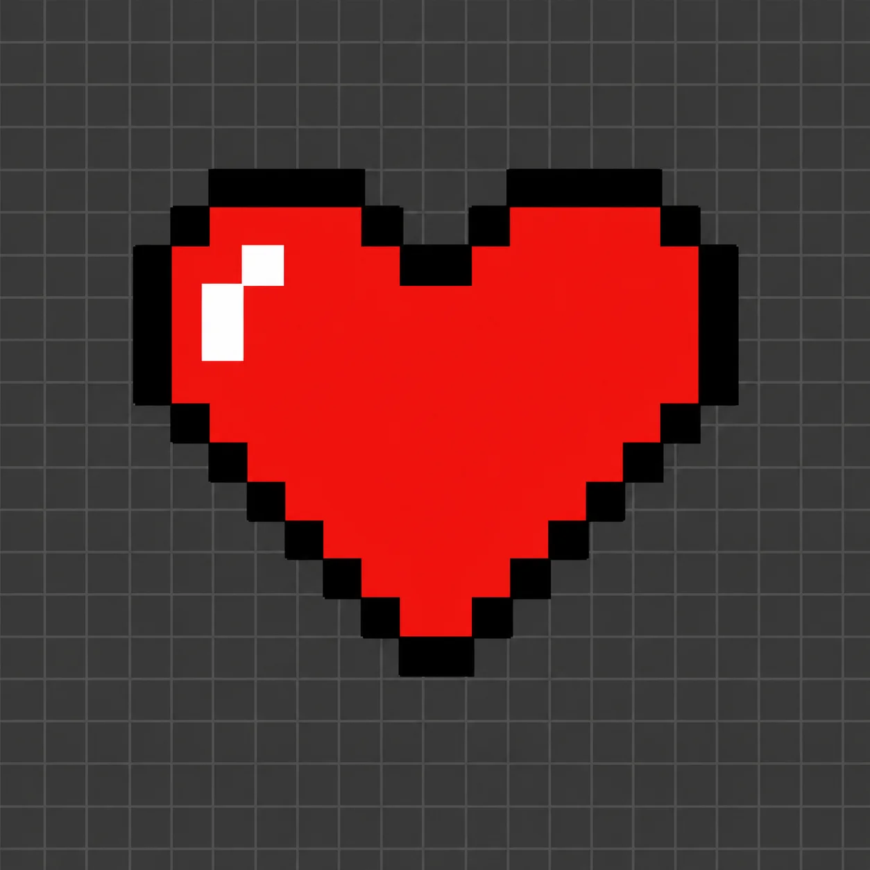 Red 8-bit pixel heart pfp with black outline on dark grey grid background for retro gaming avatars (96 characters)